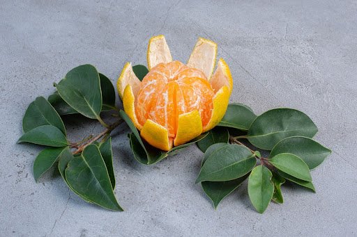 half peeled orange on floor with leaves