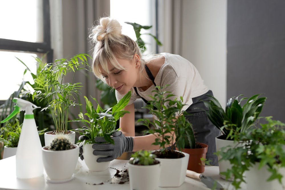 Woman maintaining indoor plant pots of herbs