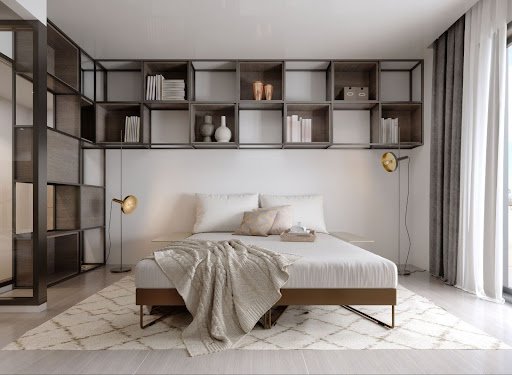 wall mounted rack in a modern bedroom