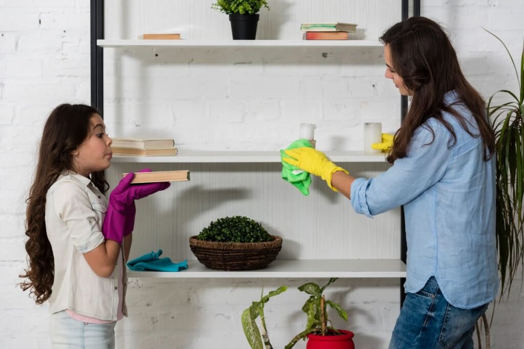 woman and girl cleaning shelf