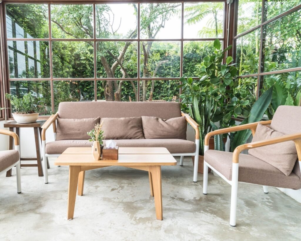 patio ideas with outdoor sofa set along with plants and shade