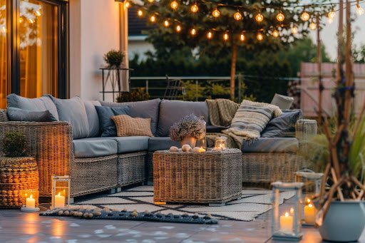 Cozy outdoor sofa seating with candles and hanging lights – perfect patio ideas for creating a warm and inviting outdoor space