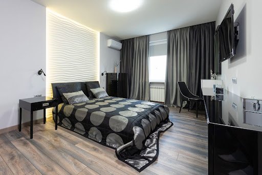 black curtain in decorated bedroom