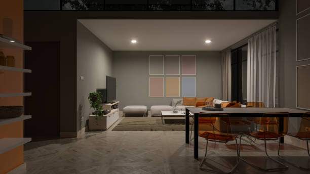 Living room with dim lighting and room decor