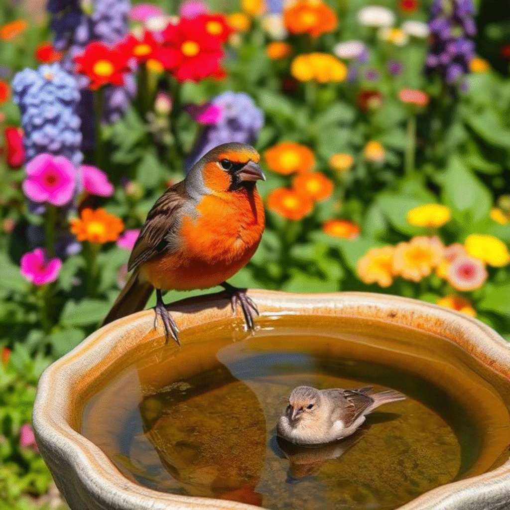 resin bird bath in garden