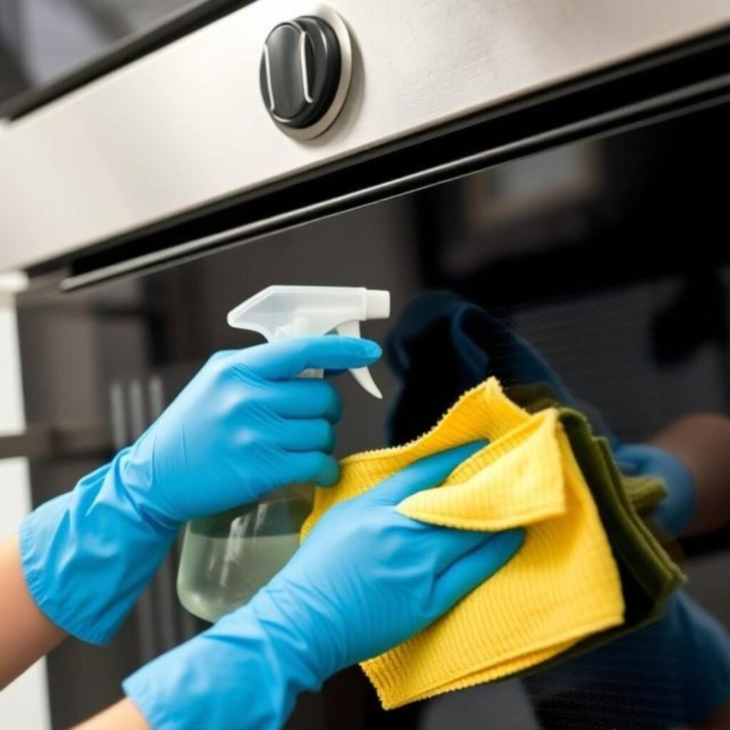 girl cleaning oven with spray