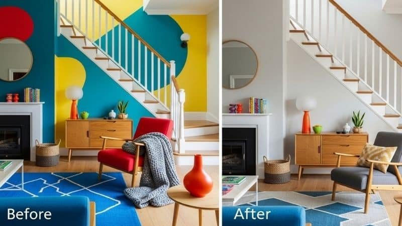 Living room makeover showing outdated wall color transformed with fresh modern paint