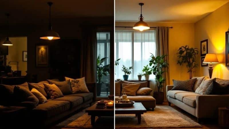 Comparison of outdated lighting and modern stylish light fixtures in a living room highlighting design mistakes