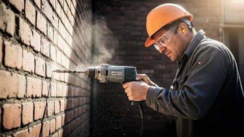 Person drilling into brick wall with hammer drill