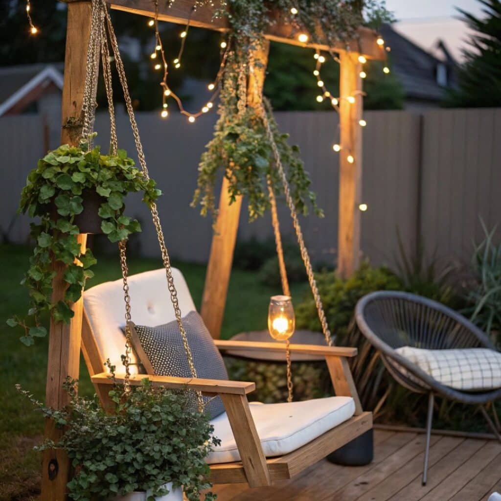 Garden furniture with swing, hanging plants, and fairy lights creating a cozy evening vibe
