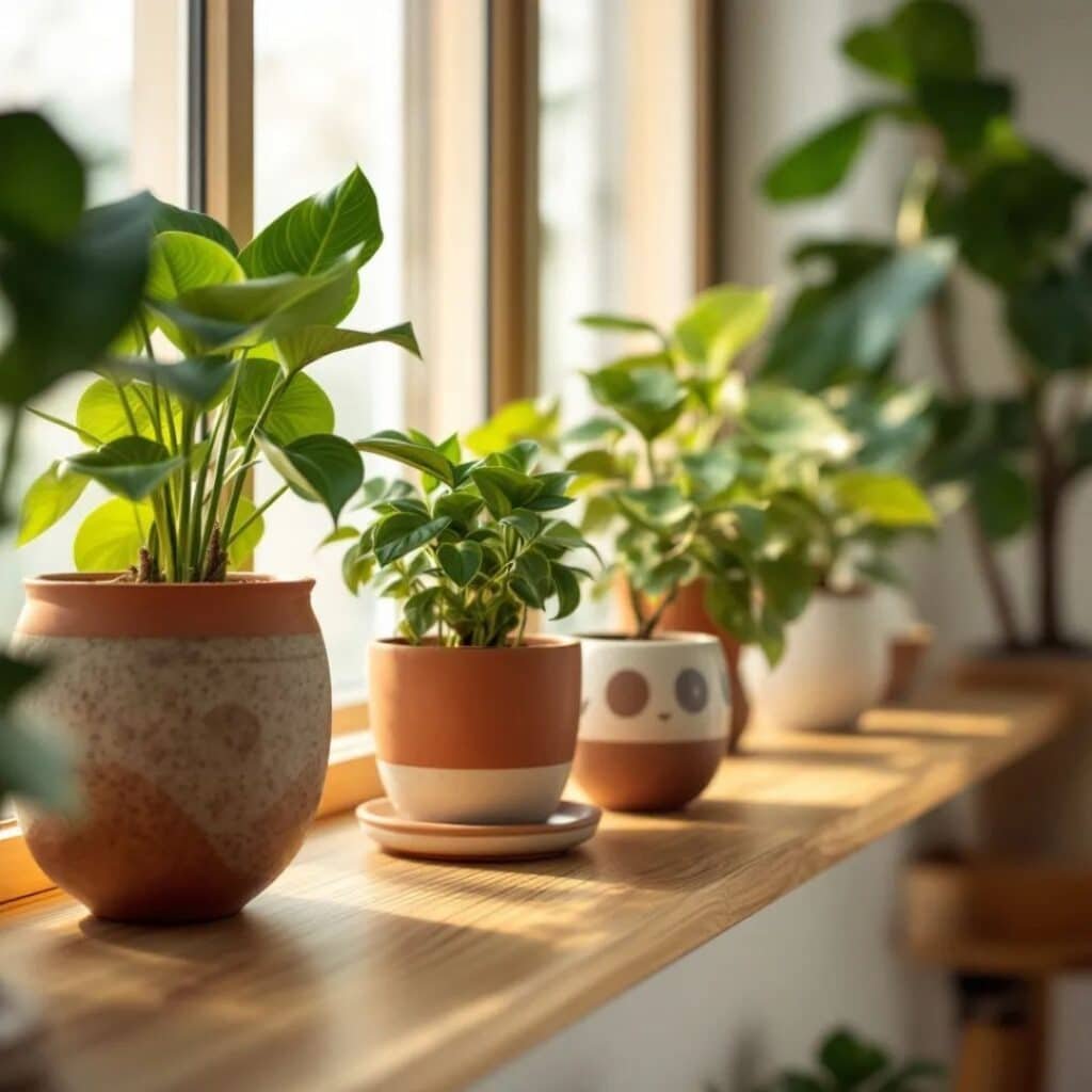 Indoor plants in ceramic and terracotta pots on a wooden shelf with natural sunlight