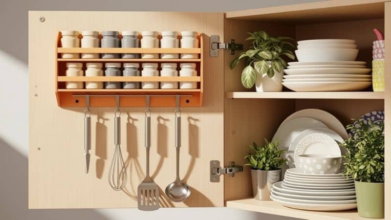 Cabinet door with attached spice rack and hooks for utensils
