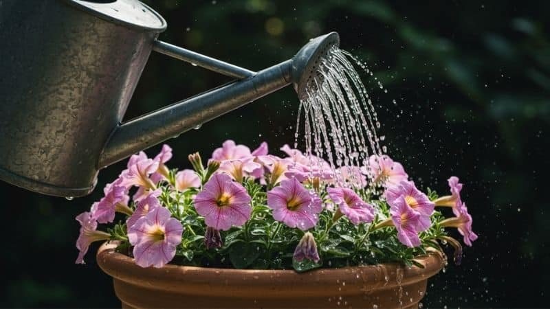 Watering petunias in a ceramic pot with a watering can