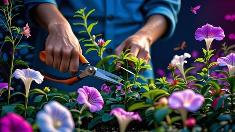 Gardener pruning petunias to encourage fresh blooms