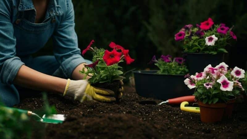 Gardener mixing compost into soil before planting petunias