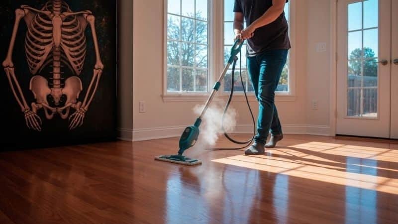 Person using a steam mop on hardwood floors