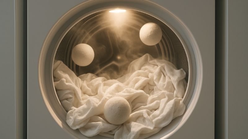 wool dryer balls tumbling in a dryer