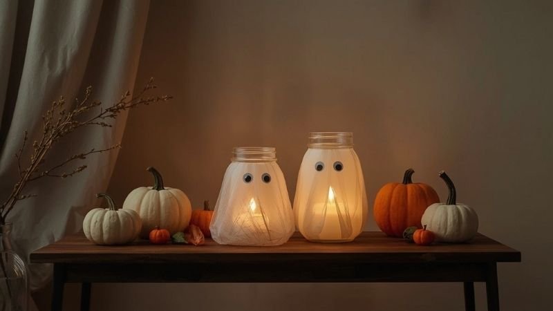 ghost mason jars glowing softly with LED candles inside