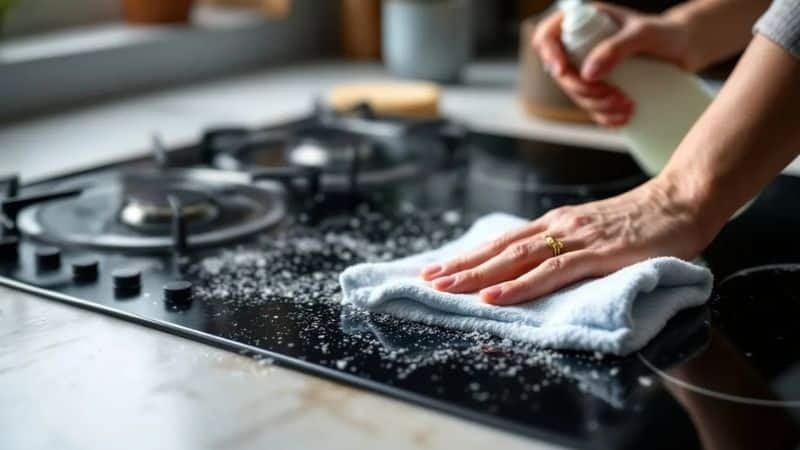 leaning stovetop with vinegar in kitchen