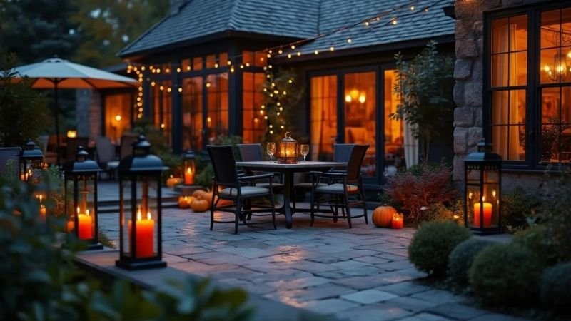 Patio Halloween decor with pumpkins and lanterns