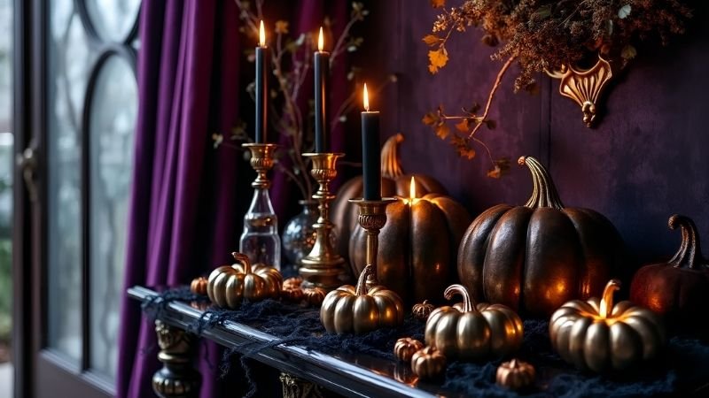 black tapered candles with dark pumpkins