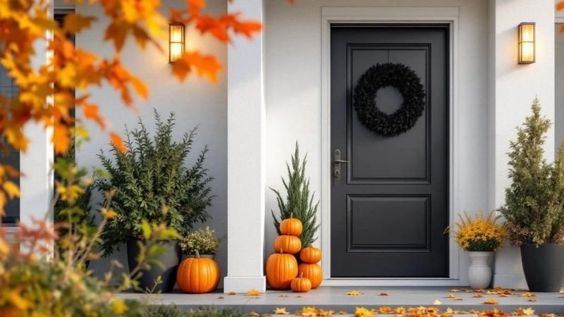 door with a single black wreath, pumpkin stack on side