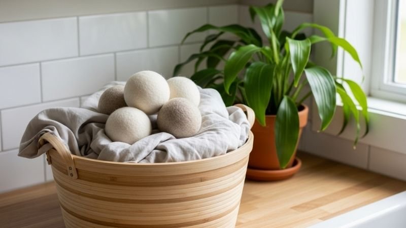 reusable wool dryer balls beside bamboo basket