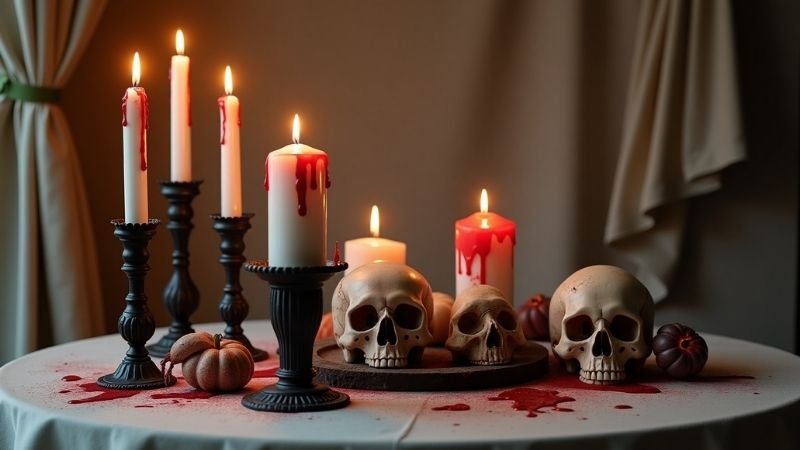 candle holders with dripping red wax on white candles