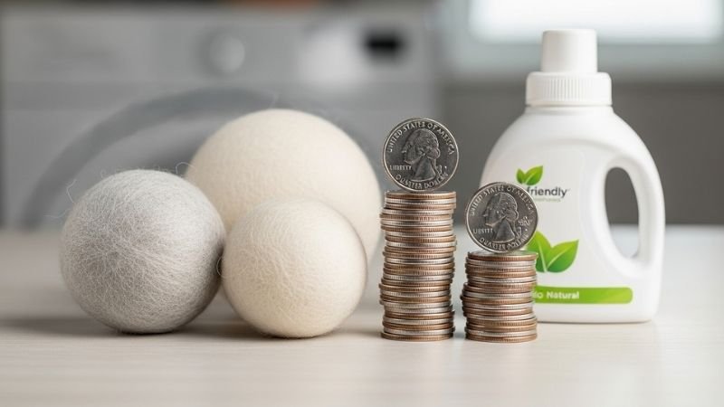 wool dryer balls beside stacked coins and laundry detergent