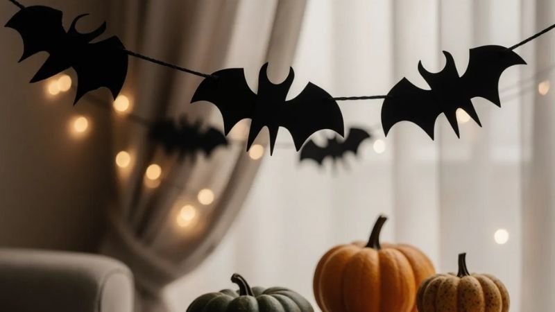 DIY bat garland made from black paper cutouts