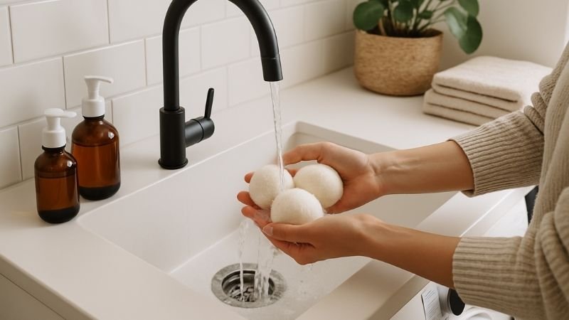 person washing wool dryer balls in sink,