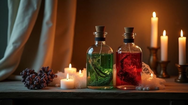 potion bottles filled with green and red liquid