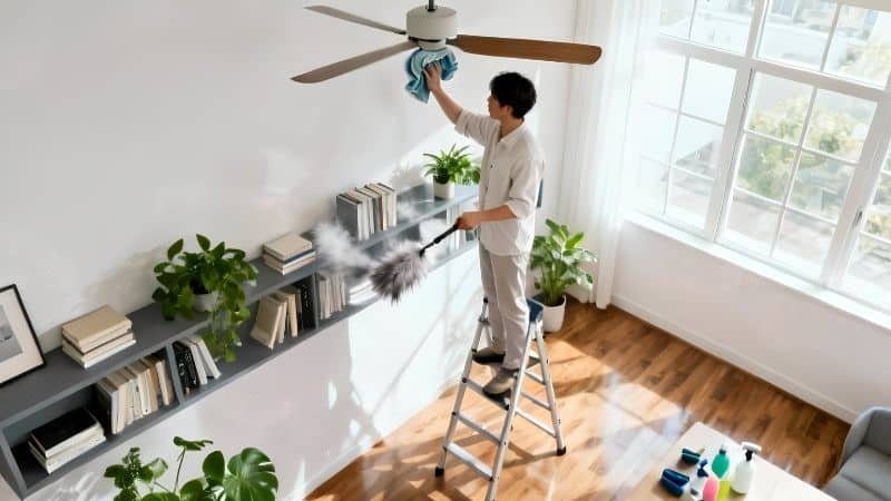 Person cleaning ceiling fan