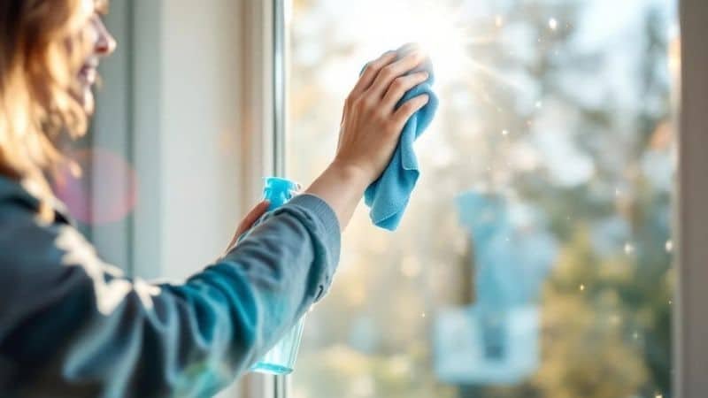 girl cleaning window with hydrogen peroxide spray