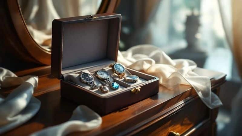 watches neatly placed inside a velvet-lined box on a wooden vanity