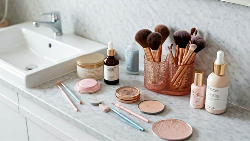 makeup and brushes on batroom countertop