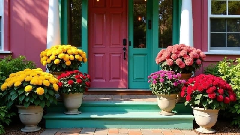 Bright fall chrysanthemums on a porch