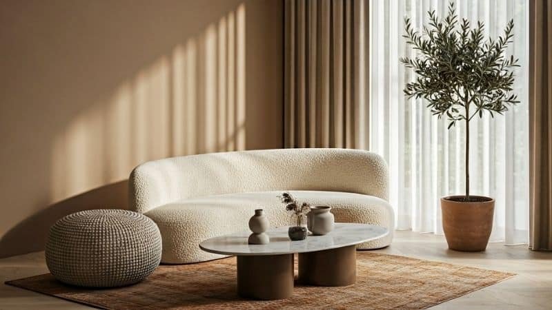 Curved sofa and oval coffee table