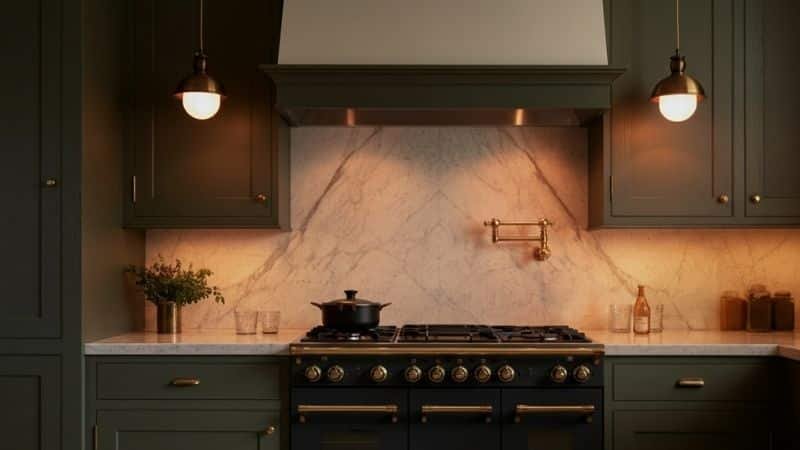 Kitchen featuring brass handles and bronze pendant lighting
