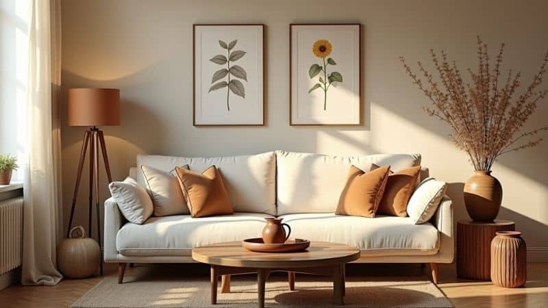 decor trends for Living room in warm neutrals with beige walls and cream sofa