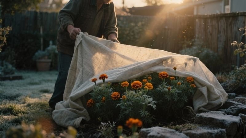 gardener covering marigold plants with frost cloth