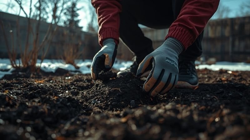 gardener preparing soil with compost in winter garden