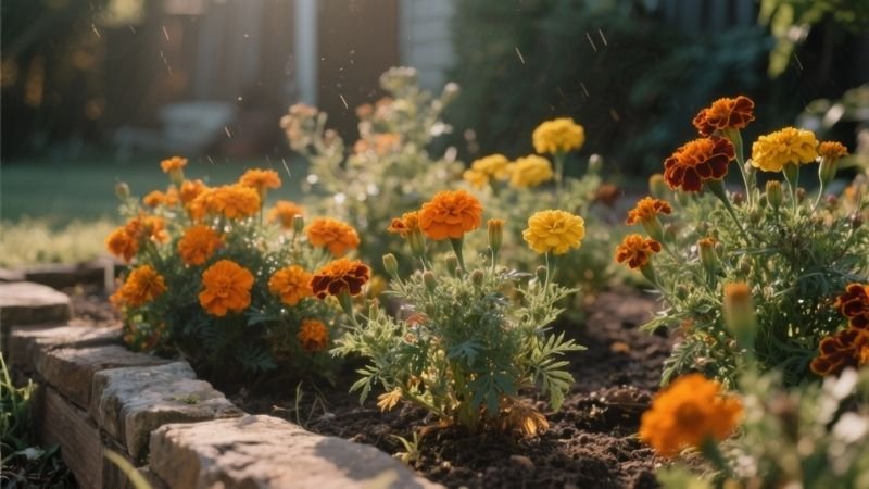 variety of marigolds in garden bed