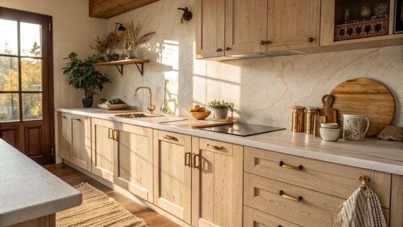warm beige toned kitchen interior with wooden accents