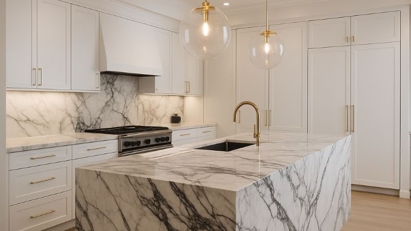 luxury kitchen with bold veined marble countertop