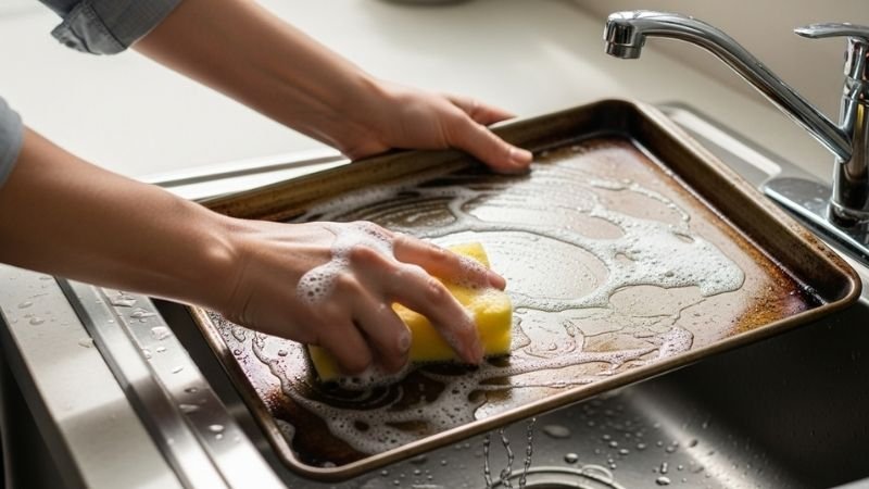 Cleaning baking sheet with sponge and warm water