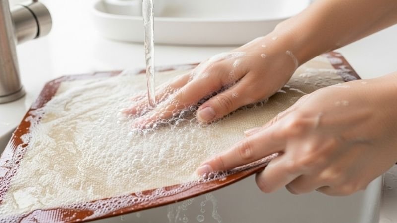 Cleaning silicone baking sheet with soap and water