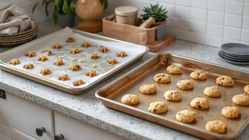 baking sheets and cookie sheets on a kitchen counter
