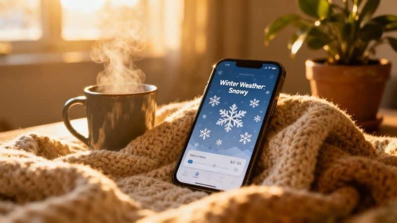 smartphone displaying winter weather forecast