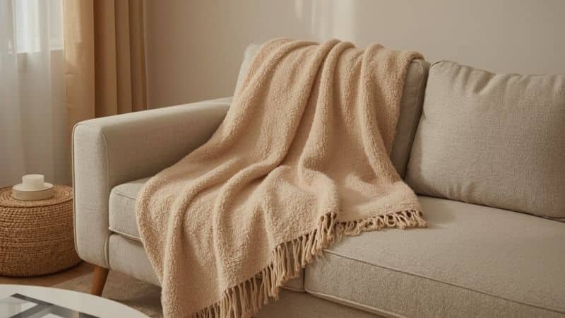 heated throw blanket draped over a neutral sofa